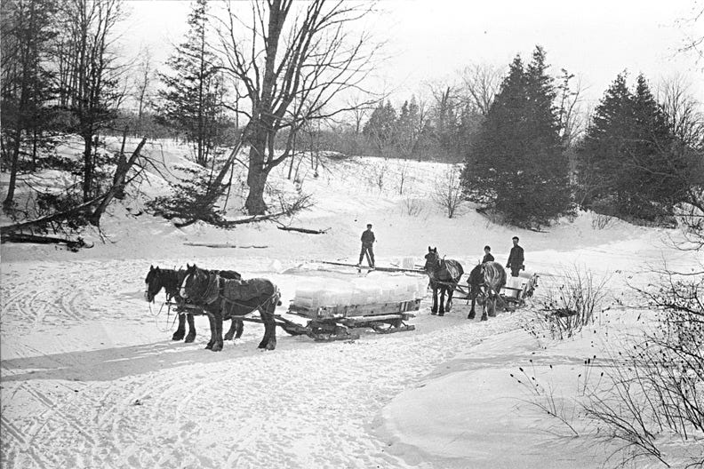 Ice cutters harvesting ice in the past