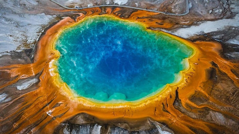 Aerial view of a caldera landscape