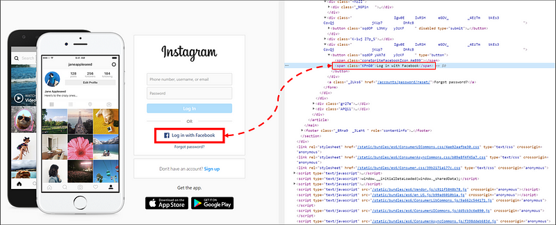 Inspecting the Instagram "Log in with Facebook" button class