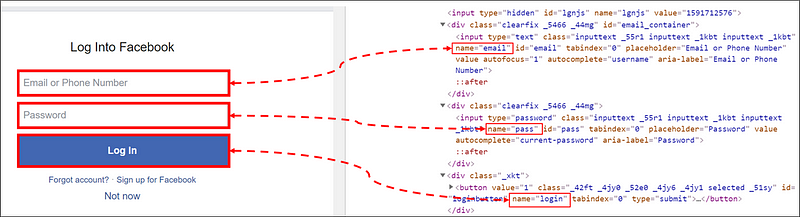 Input fields for Facebook credentials