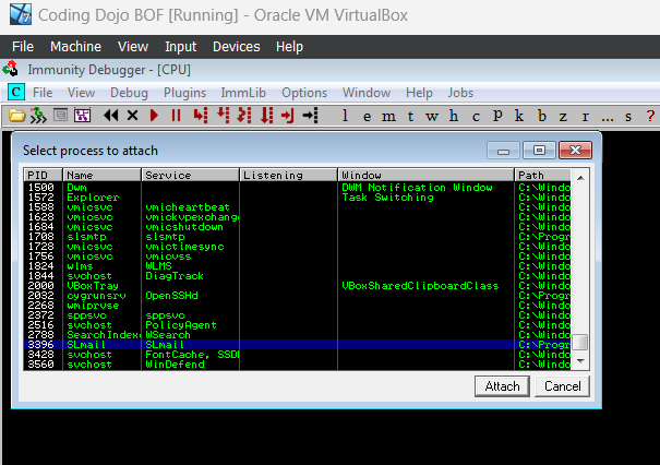 Attaching Immunity Debugger to SLMail