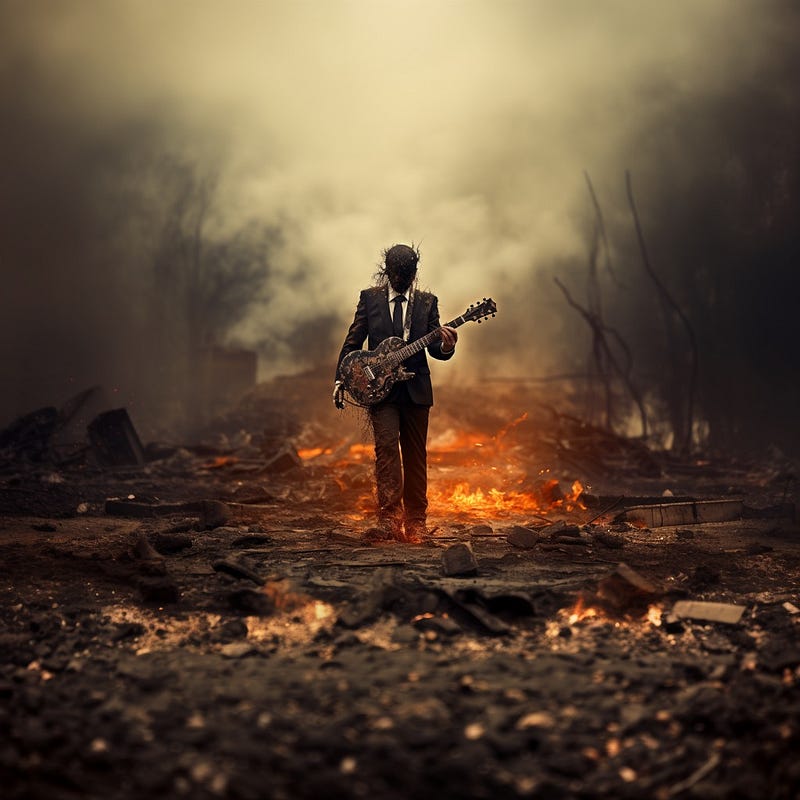 A faceless figure in a suit holding a guitar in a wasteland.