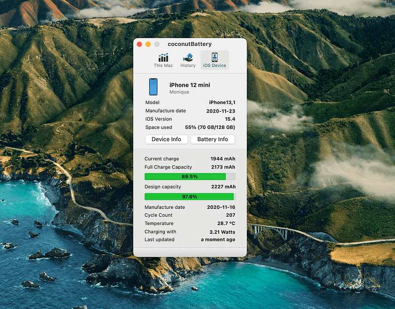 coconutBattery app interface on Mac