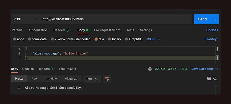 Testing the SMS alert system with Postman