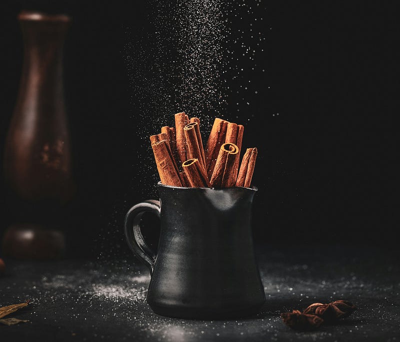 A vibrant display of cinnamon sticks