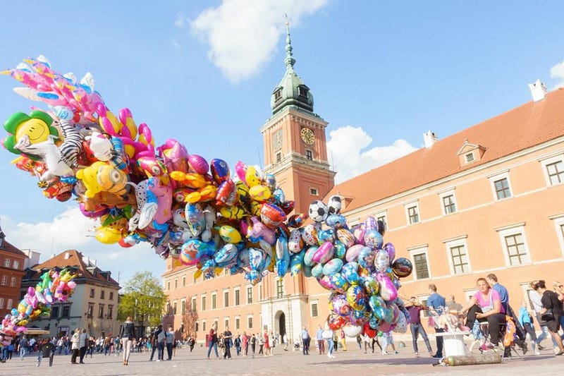 Helium balloons at a vendor in Warsaw, Poland