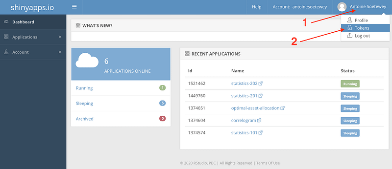 Accessing tokens in your ShinyApps account